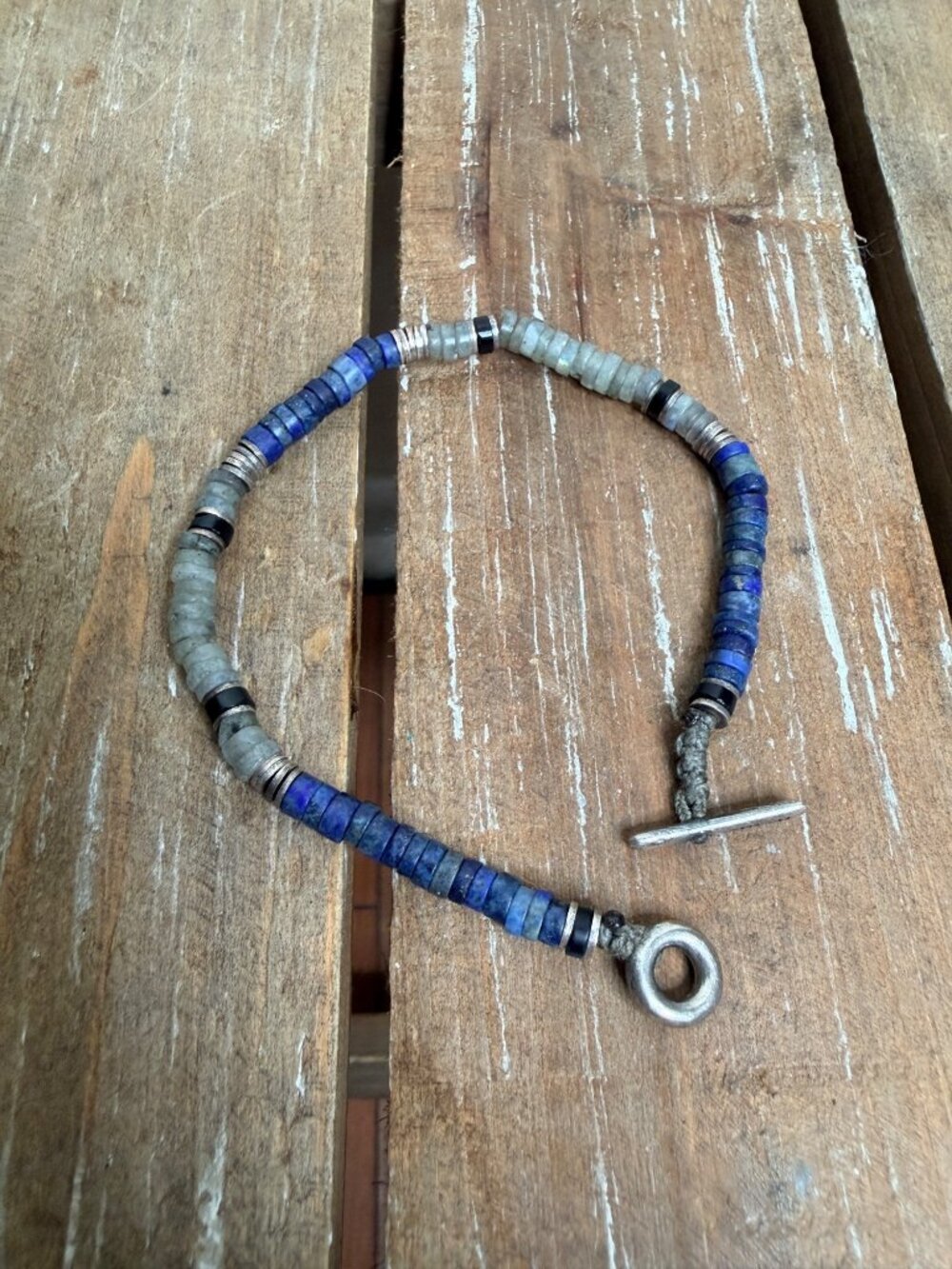 M.Cohen Blue & Gray African Disc Sterling Silver Toggle Bracelet